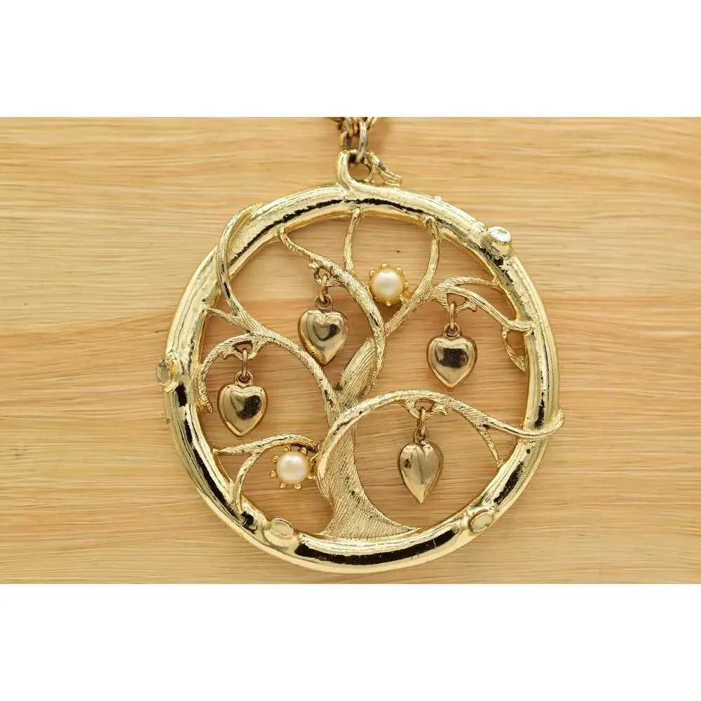 Vintage Tree Heart Pendant Necklace Pearl Charm Gold Tone Chunky 1970s BinBL